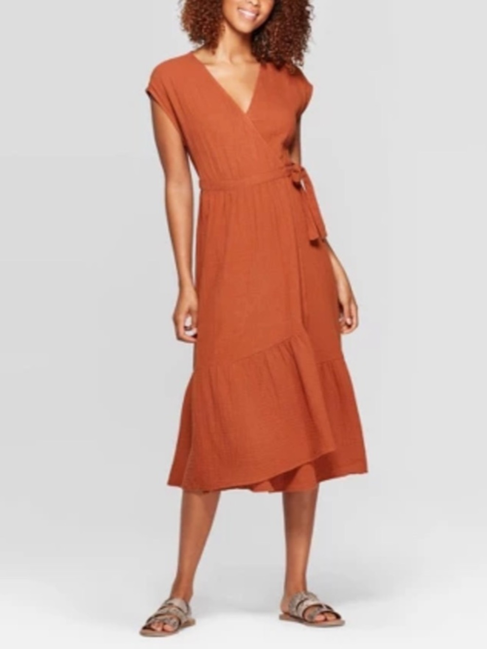 Universal Thread Short Sleeve V-Neck Ruffle Hem Cotton Midi Dress Autumn Rust XL